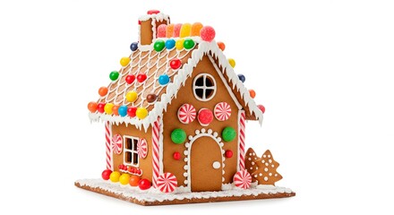 A whimsical gingerbread house adorned with colorful candies and icing on a white background, festive treat