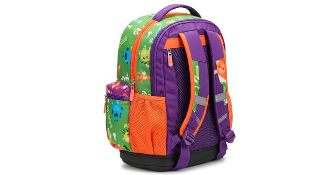 A colorful backpack with monster print featuring green purple and orange accents on a white background view - Powered by Adobe