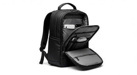 Naklejka premium A black backpack with an open front pocket revealing phones and a mouse on a white background