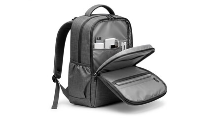 Naklejka premium A gray backpack with open compartments showcasing chargers and accessories on a white background studio shot