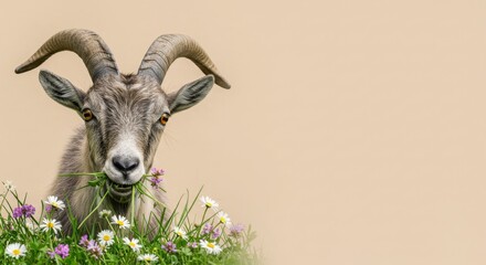 Goat with grass and flowers close-up