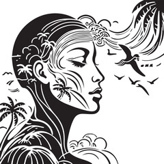 Black and White Vector Woman with Nature – Palm Trees & Birds Illustration

Female Profile with Flowing Hair, Birds & Tropical Elements – Vector Art

Nature-Themed Woman Illustration – Tattoo & Graphi