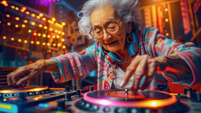 Funky DJ grandmother play techno sound at dance party