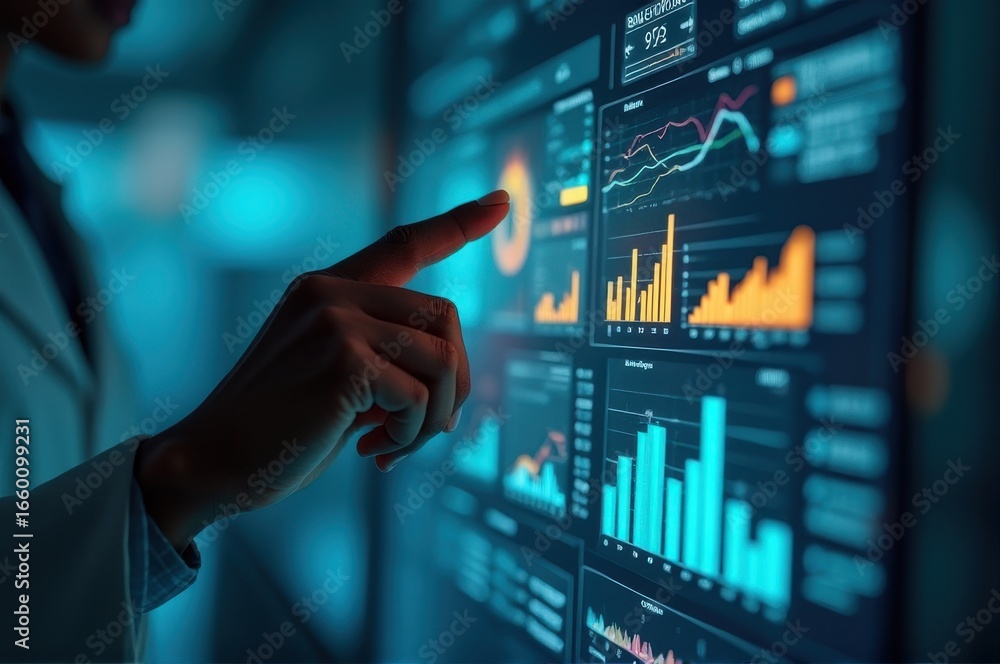 Poster hand points to digital screen displaying colorful financial data and charts. analysis, technology, a