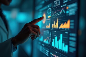 hand points to digital screen displaying colorful financial data and charts. analysis, technology, and information visualization. business and finance analytics
