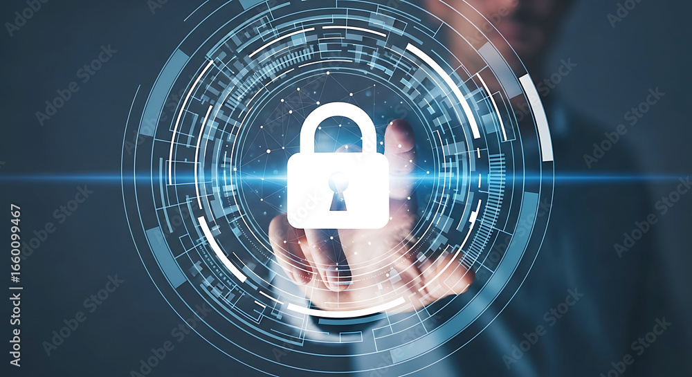 Poster closeup of a finger touching a glowing digital padlock icon, symbolizing cybersecurity and data prot