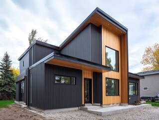 A large black house with a wooden trim and a large window. The house is surrounded by a gravel driveway and a small grassy area. The house has a modern and sleek design, with a lot of windows