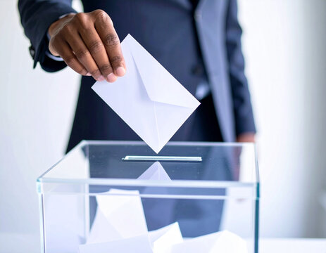 una mano de hombre metiendo una papeleta en una urna de cristal transparente en una votación para elecciones libres en democracia con voto ciudadano, participación y transparencia electoral