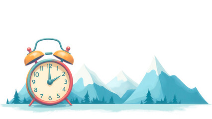 Cartoon Alarm Clock with Mountain Landscape in Background at Dawn or Dusk Time Concept
