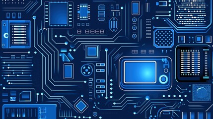 Fototapeta premium Detailed Blue Circuit Board with Various Electronic Components
