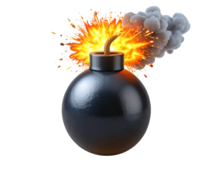 Exploding Cartoon Bomb with Fire Blast and Smoke Cloud, Transparent Background