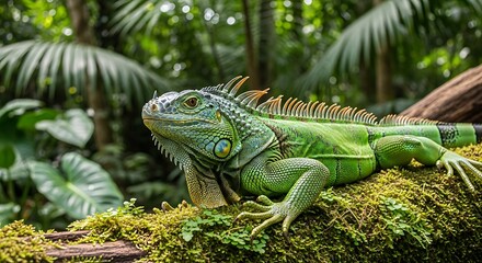 Obraz premium Vibrant green iguana basking in the tropical rainforest environment in nature scene