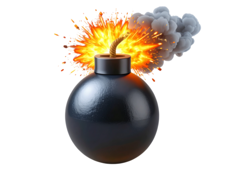 Exploding Cartoon Bomb with Fire Blast and Smoke Cloud, Transparent Background