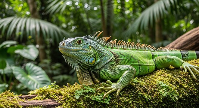 Vibrant green iguana basking in the tropical rainforest environment in nature scene - Powered by Adobe