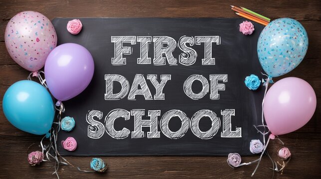 First day of school message on chalkboard with colorful balloons, paper roses, and pencils, celebrating back - to - school season with festive decor on wooden background.