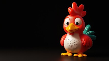 Colorful Toy Bird on Dark Background with Playful Expression and Retro Style Design