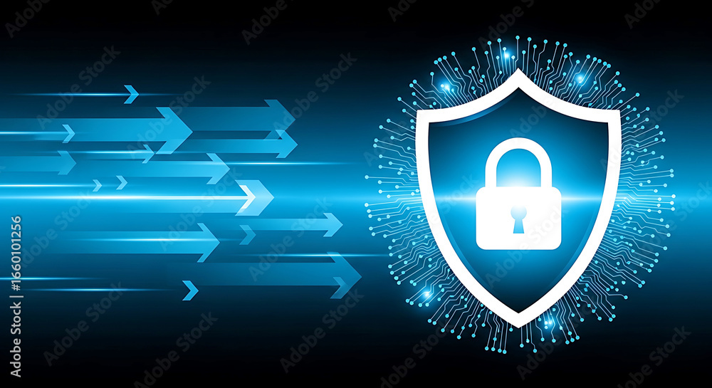 Poster digital security shield with a padlock icon and glowing arrows indicating data protection and networ