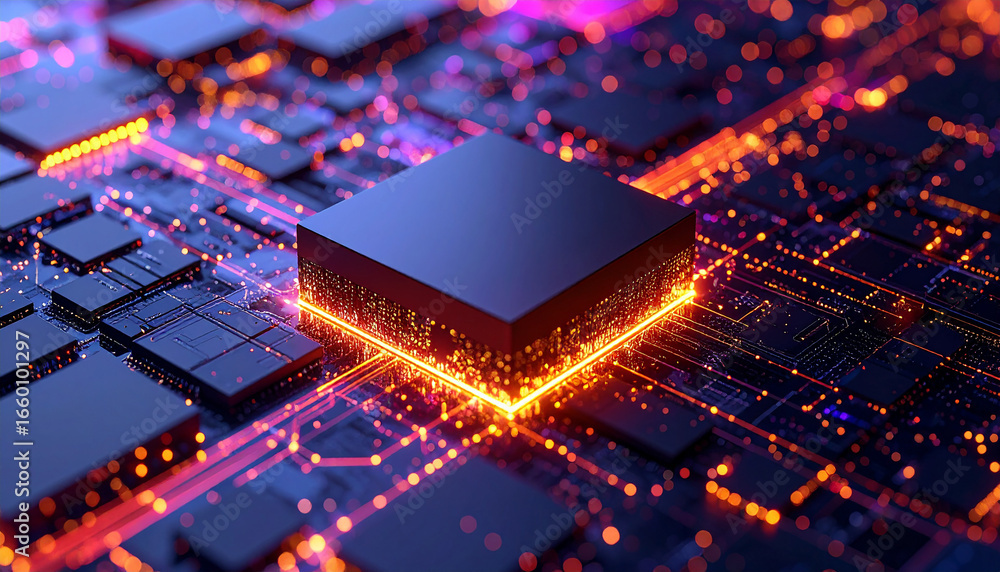 Fototapete closeup of a computer chip on a circuit board, symbolizing advanced technology and data processing c