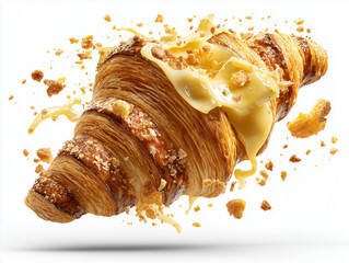 Croissant au beurre with melted butter dripping from layers, crumbs and flakes mid-air, isolated on white background, cinematic food photography, ultra realistic