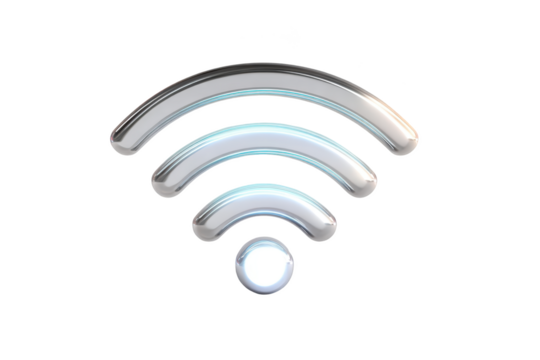 Shiny chrome WiFi icon with signal bars, on black background