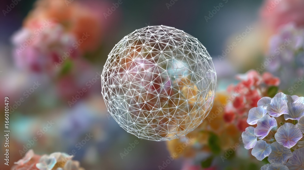 Poster a colorful flower with a clear sphere in the center. the sphere is surrounded by a network of lines
