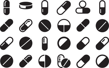 Vector art of collection of black silhouette pill and medicine icons for health care and pharmaceutical products