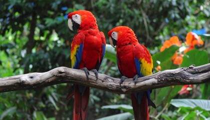 Fototapeta premium Two vibrant macaws perch on a weathered branch, showcasing their striking red, yellow, and blue plumage against a lush green background.