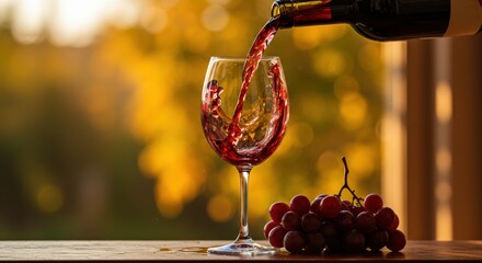 Elegant red wine being poured into a glass with grapes on a rustic wooden surface against a colorful blurred background
