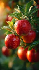 Ripe Red Apples Hanging on Tree Branch with Water Droplets in Orchard