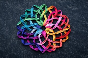 Colorful intertwined ribbons form a symmetrical, intricate pattern against a dark textured background.
