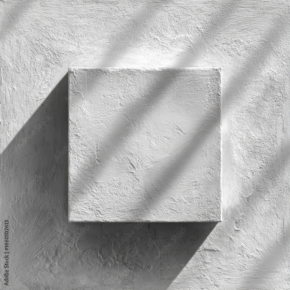 Poster a white square with a shadow on it. the shadow is on the wall and the square is on the wall