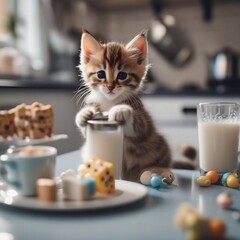 cute ginger kitten and a bowl of milk