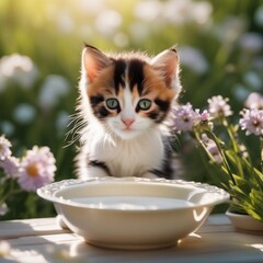 cute ginger kitten and a bowl of milk