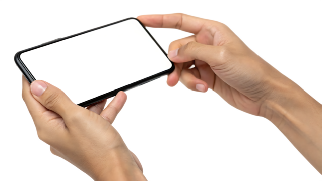 Hands holding mobile phone screen mockup using smartphone PNG. AI GENERATED.
