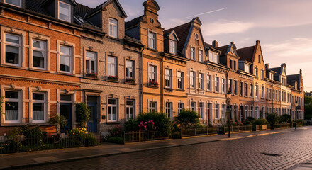 Fototapeta premium Row of brick houses in a european town on a street during daytime