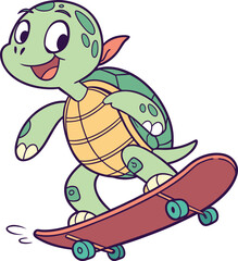 Happy cartoon turtle riding a skateboard with a bandana, illustration