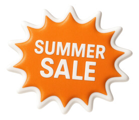 Naklejka premium Orange burst sticker with SUMMER SALE text in bold, vibrant retail promo offer on transparent background.