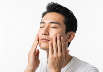 Asian man applies refreshing facial mist on face with eyes closed