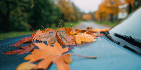 Colorful autumn leaves lie on the hood of a car. Close-up view.