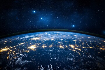 Obraz premium A breathtaking view of Earth from space showcases city lights glowing beneath a stunning sunrise over the horizon.