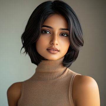 Indian woman model is wearing a sleeveless turtleneck