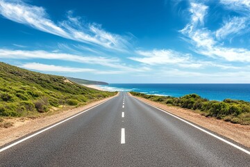 Scenic coastal highway with clear blue skies and ocean views, ideal for travel and tourism content.