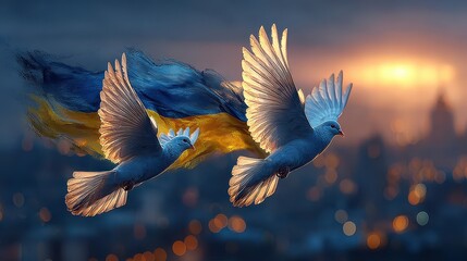 Peace Doves Flying with Ukrainian Flag over City at Sunset, Hope Concept