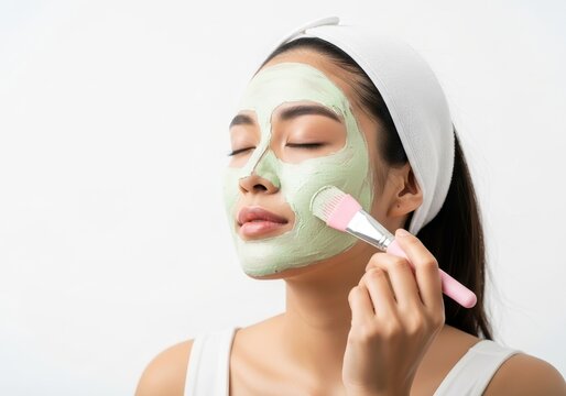 Asian woman applies green face mask with soft brush on cheeks in serene moment