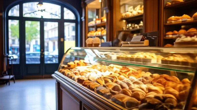 Bakery display with various pastries.