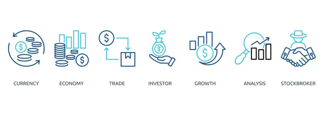 forex outline color banner icon of currency, economy, trade, investor, growth, analysis, stockbroker