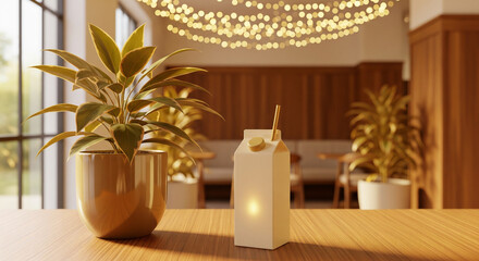 Fototapeta premium Cozy Cafe Interior with Potted Plants and Milk Carton Drink on Wooden Table, Warm Lighting and Bokeh Background, Modern Ambiance