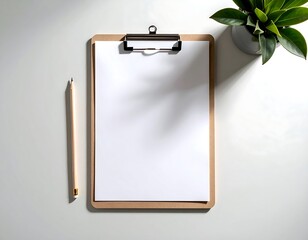 Blank clipboard with pencil, and plant.
