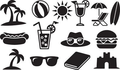 Vector art of summer vacation icons set featuring beach, palm tree, ball, sun, cocktail, chair, hotdog, drink, hat, sunglass