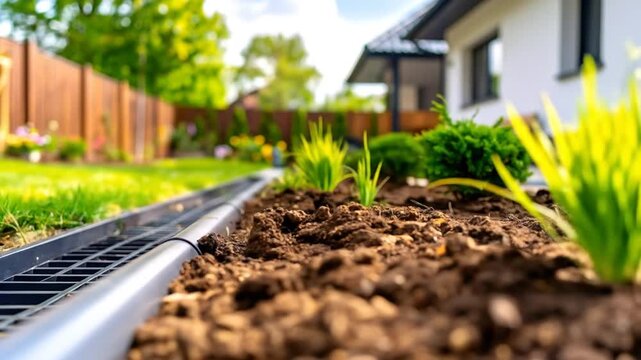 Backyard garden with drainage and lawn.